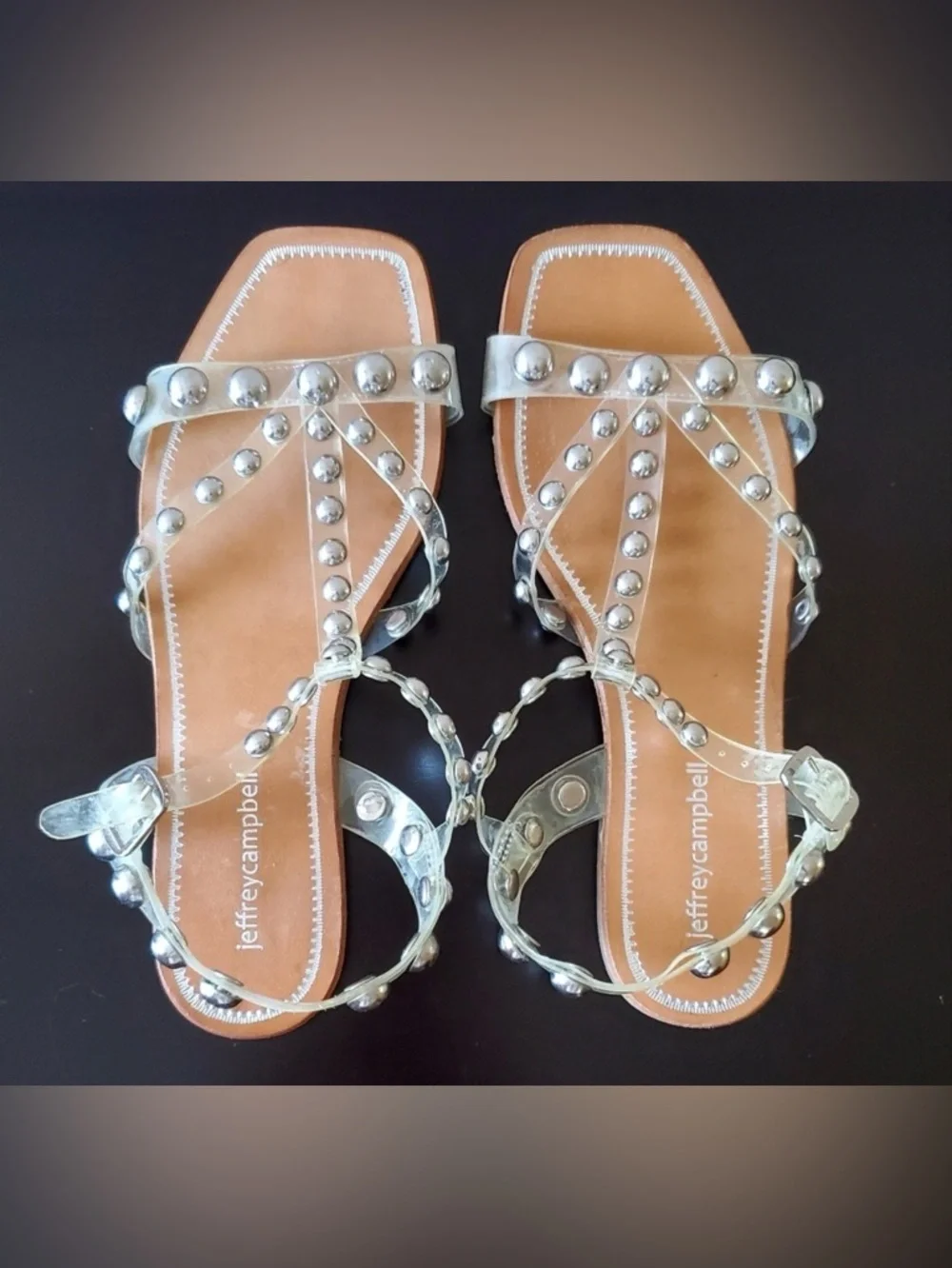 Jeffrey Campbell Silver Studded T-Strap Flat Sandals - Picture 1 of 1